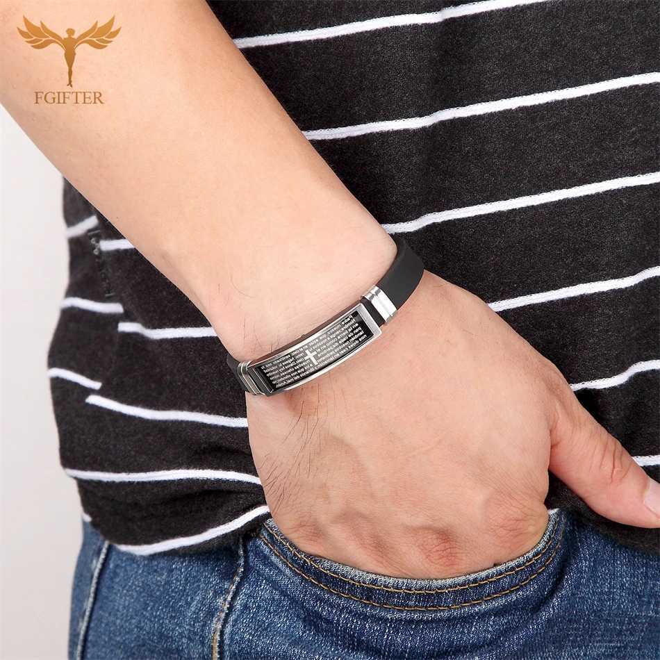 Christian Bible Prayer Text Cross Bracelets Stainless Steel Cuff Bangle Black Silicone Wristband Women Men Couple Jewelry Gifts W250606