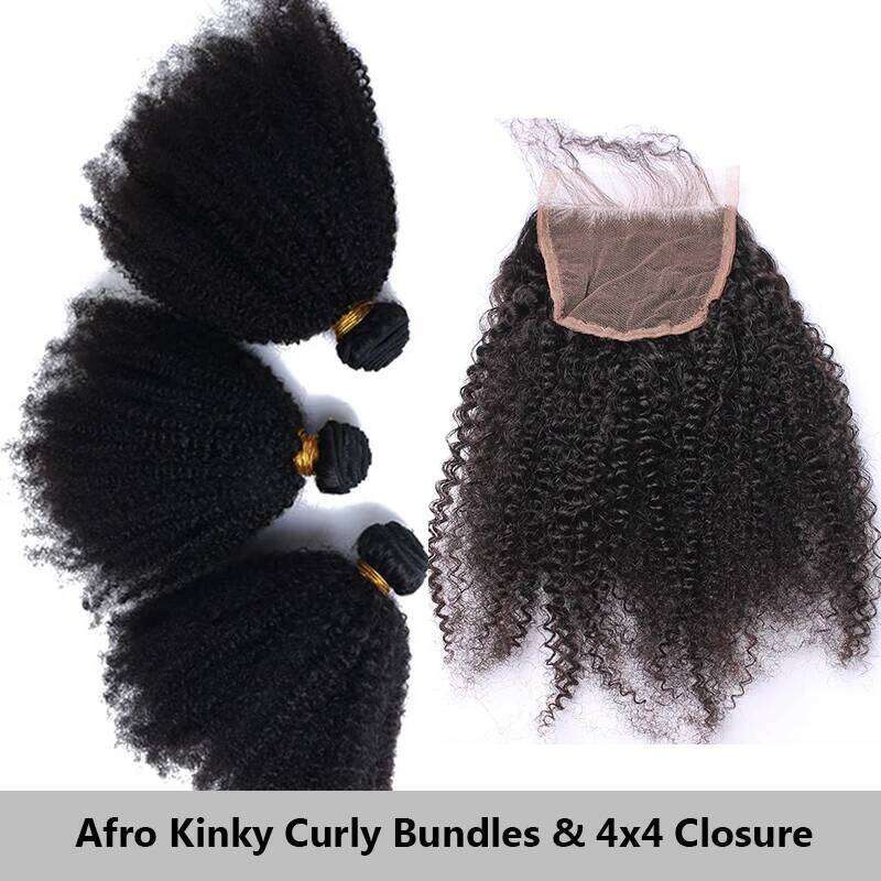 Mongolian Afro Kinky Curly Natural Raw Human Bundles With Closure 4B 4C Extension Weave Weft Hair For Blacks