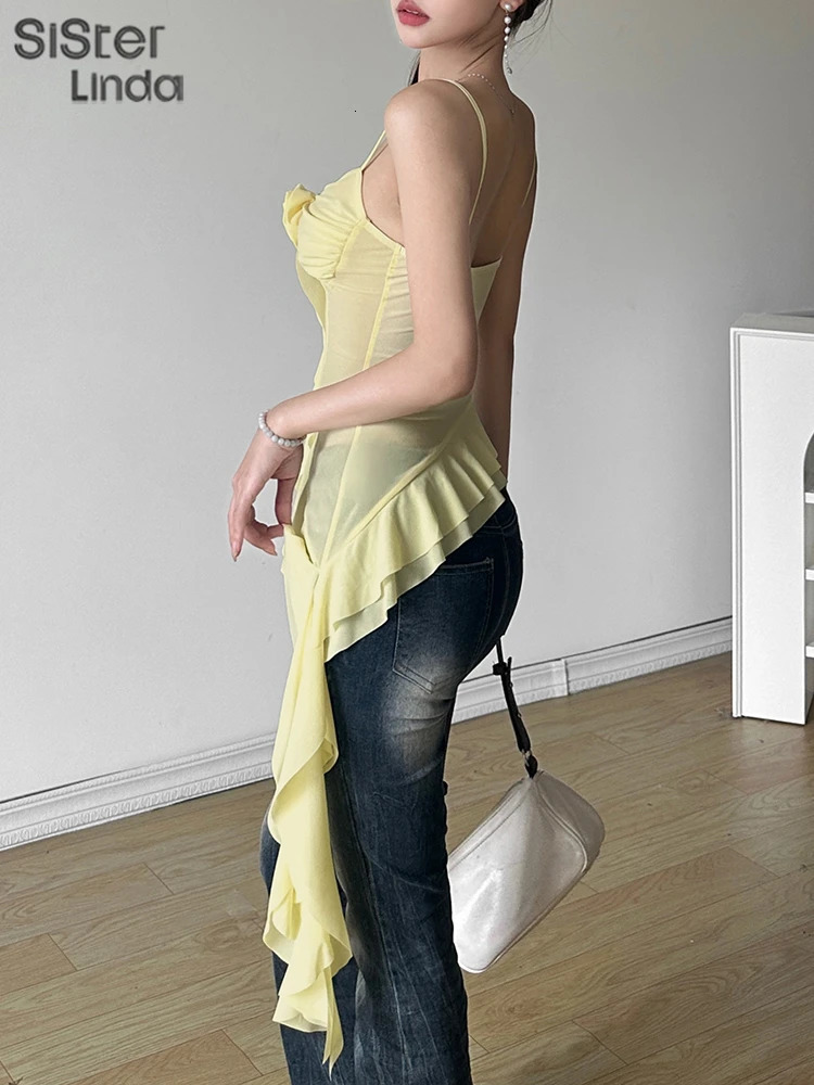 High Quality Womens Sexy Suspender Top In Spring And Summer Low Cut Backless Yellow Flower Decorated Womens Top 250605