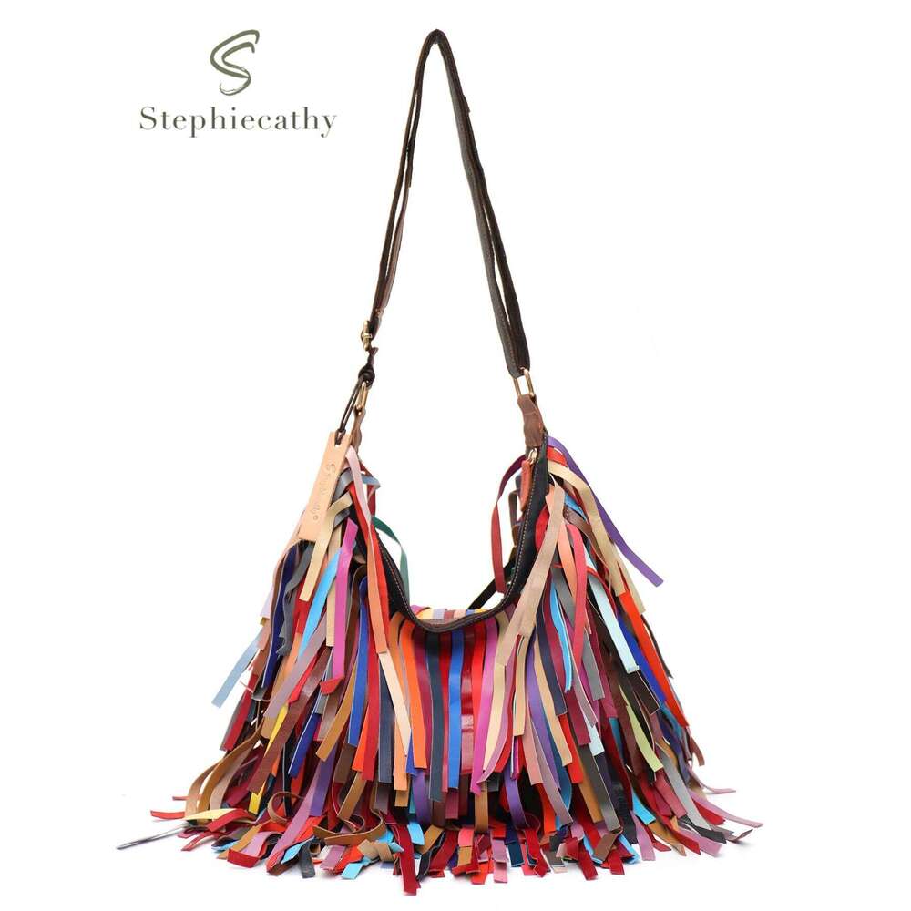 SC Colorful Real Sheepskin Shoulder Bags For Women Large Casual Slouchy Hobo Handbags Patchwork Leather Tassel Cross Body Purses