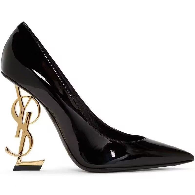 2025 Summer Free Shipping Luxury Designer Dress Shoes Black Gold Heels Black Heels Letter Heels Pointed Sexy High Heels