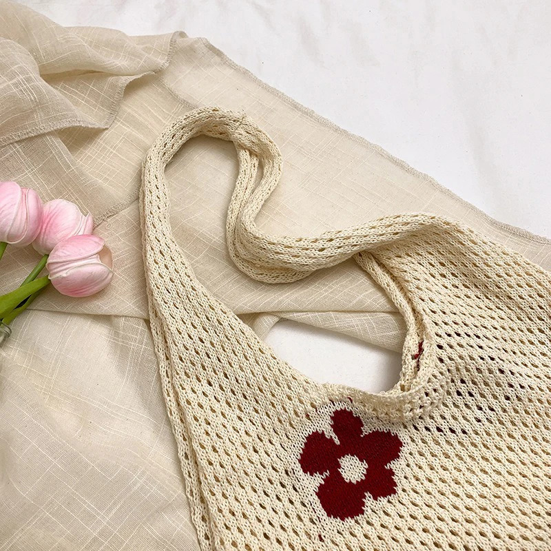 Summer Versatile Largecapacity Shopping Bag Simple Woven Flower Mesh Perforated Womens Singleshoulder Bag 250605