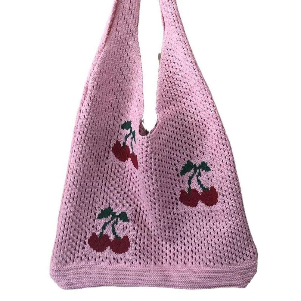 New INS Style Knitted Woven Large Capacity Tote Cherry Shoulder Bag B5