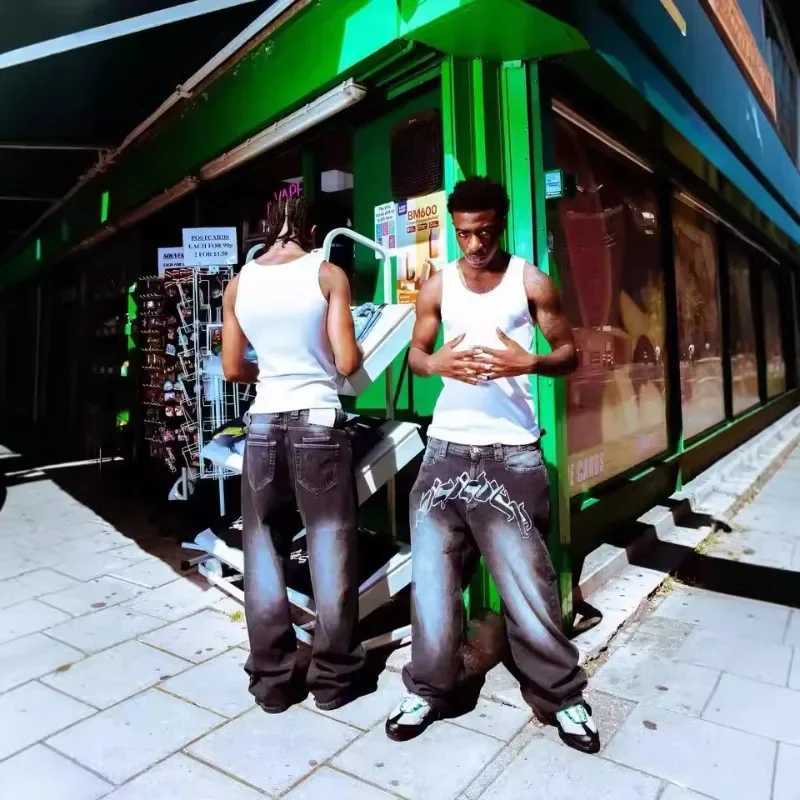 Loose Straight Leg Mens Jeans 2024 Spring Autumn High Street Hip Hop Trendy Brand Personalized Letter Print Casual Trousers Z250605