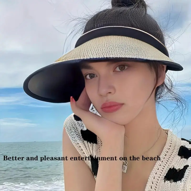Summer Straw Hat for Women Foldable Empty Top Sun Hats Outdoor Beach Anti-UV Protection Wide Brim Female Sunscreen Visor Cap 250603