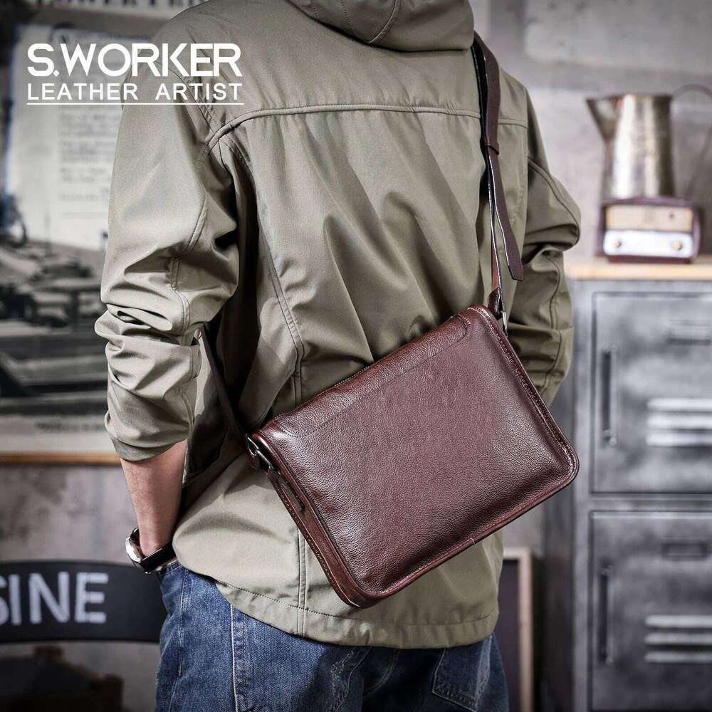 Genuine Men's Shoulder Crossbody Bags Unisex Simple Cowhide Bag Top Layer Vegetable-Tanned Leather Fashion Casual