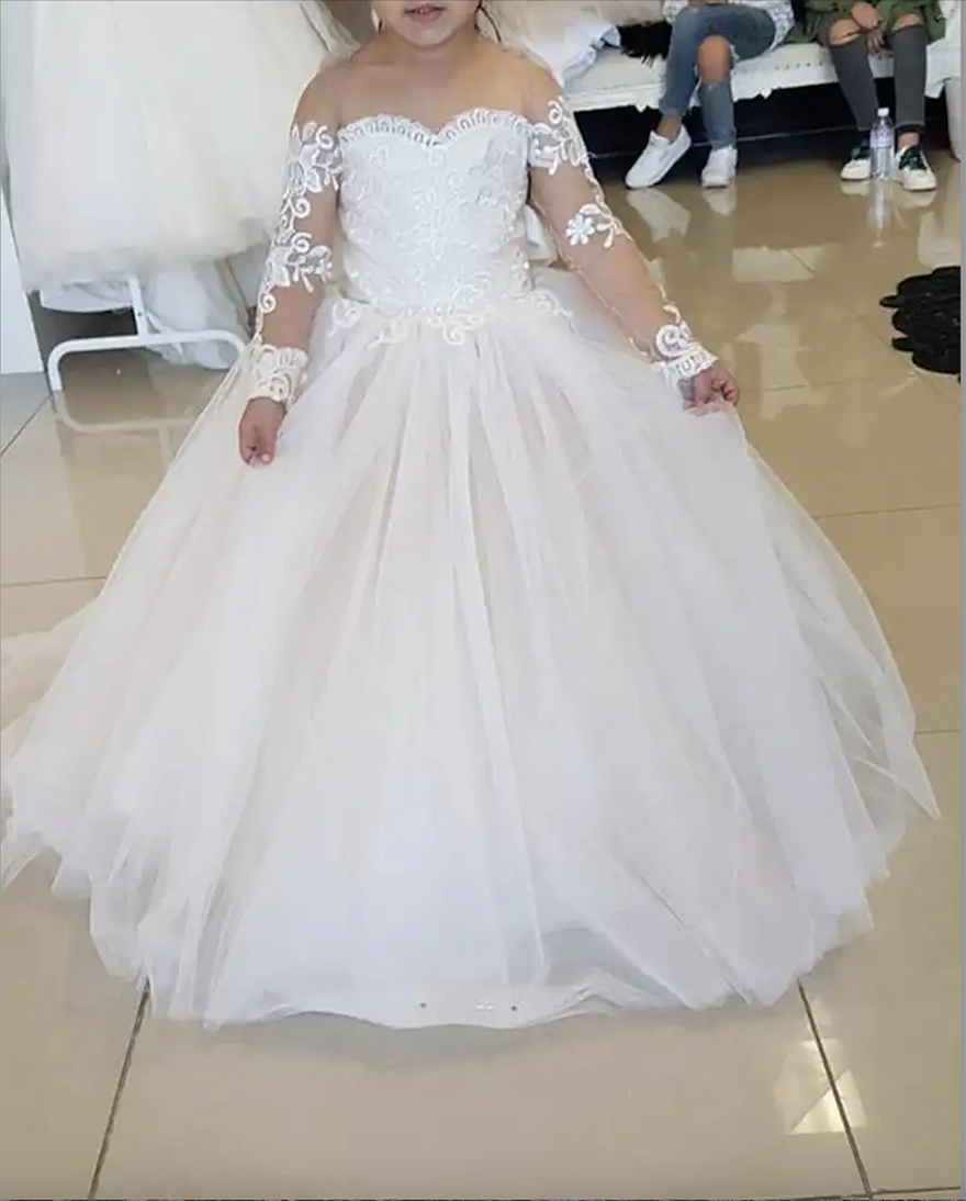 Champagne Little Girls Bridesmaid Dress Flower Girl Dresses Ball Gown Kids TUTU Lace Wedding Party Pageant First Communion Gown