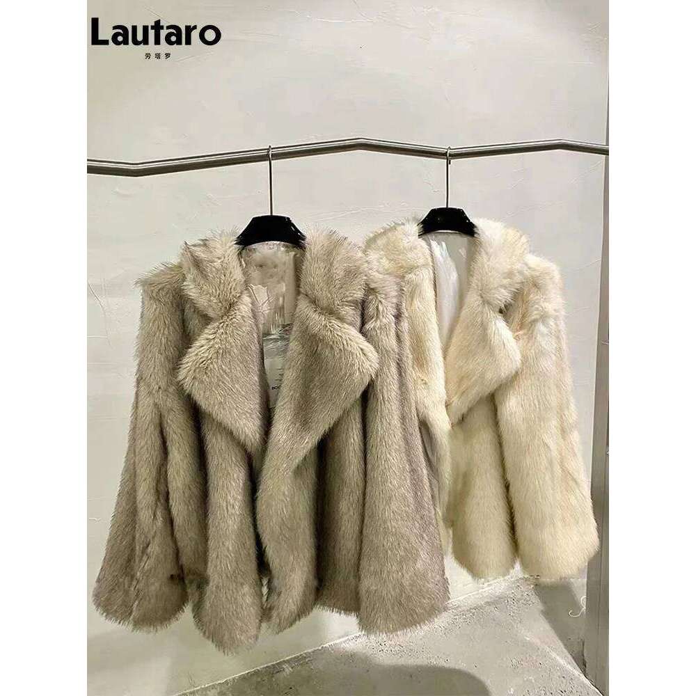 Lautaro Winter Loose Casual Thick Warm Soft Hairy Faux Fur Coat Women High Quality Furry Fluffy Jacket Korean Fashion
