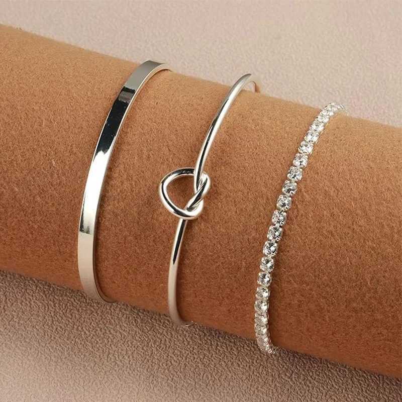 3pcs Stainless Steel Stack Cuff Bracelets for Women 14K Silver Plated Adjustable Jewelry Gifts Luxury CZ Chain Love Knot Bangles W250606