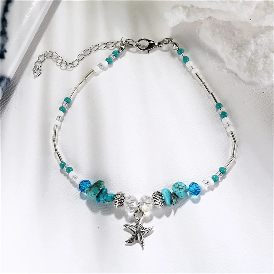Summer Beach Boho Double Heart Anklets for Women Fashion Shell Starfish Ankle Bracelet on Leg Barefoot Handcraft Chain Jewelry 250528