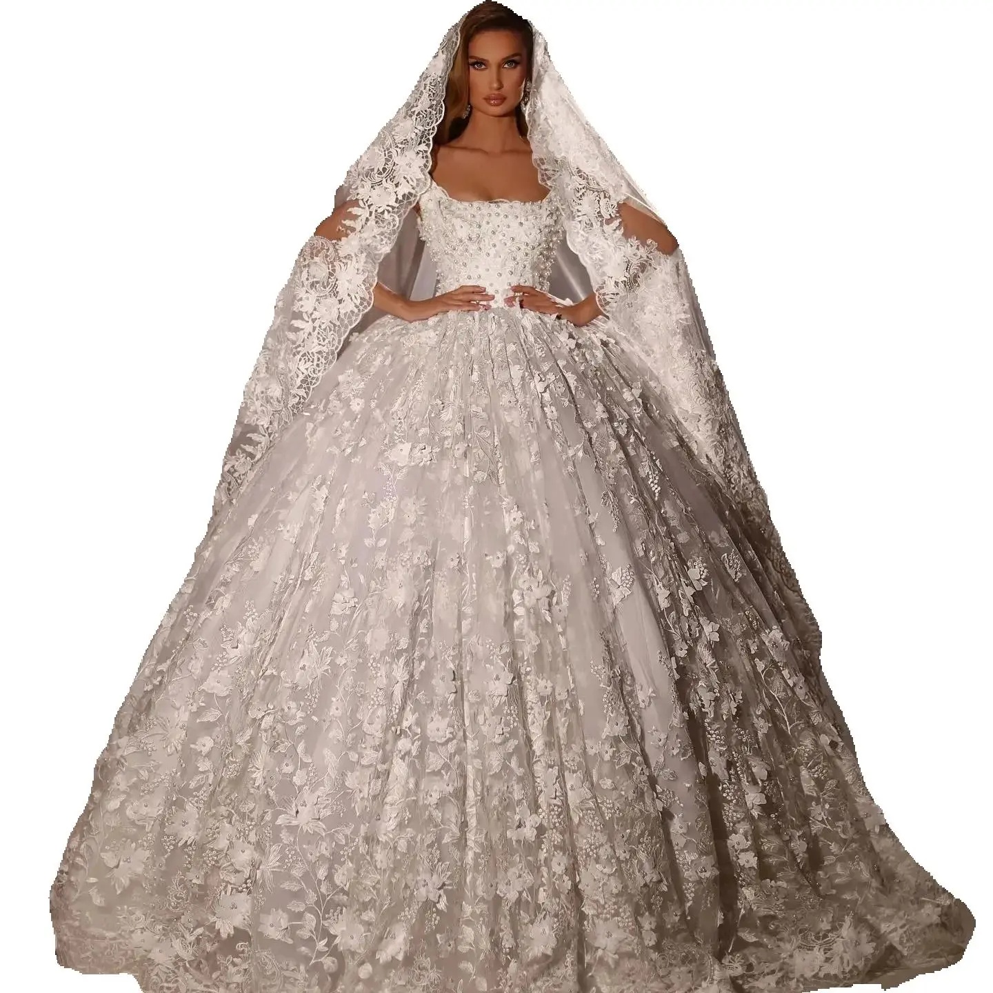 Modest Lace Wedding Dress Ball Gown Elegant Square Neck Pearls Bridal Dress Customized Floral Appliques Dubai vestidos de novia