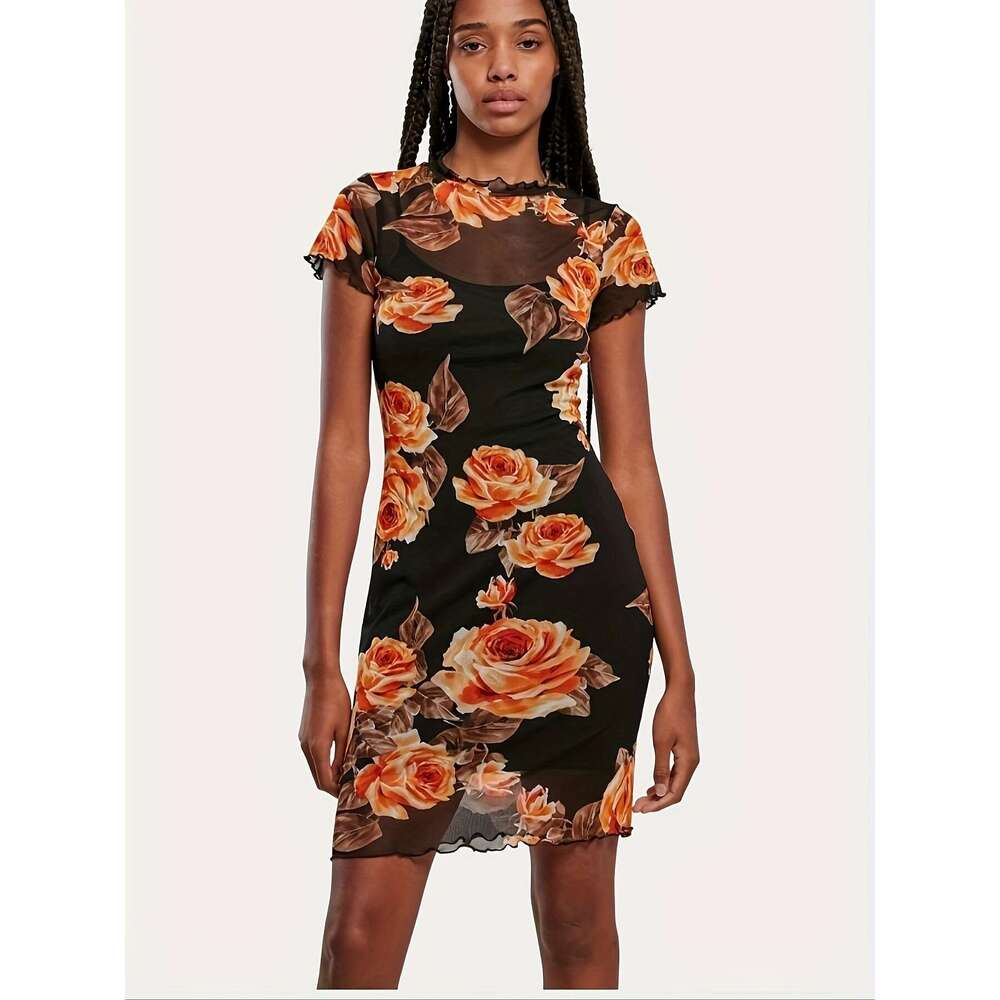 New Mesh Solid Color Two-Piece Short Sleeve Dress B5