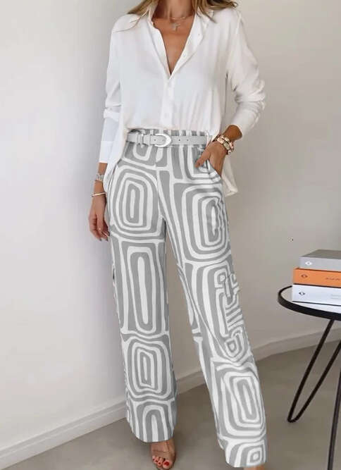 Casual Outfit Women's Digital Print Commuter Shirt Loose Fit Long Pants Two-Piece Set B5
