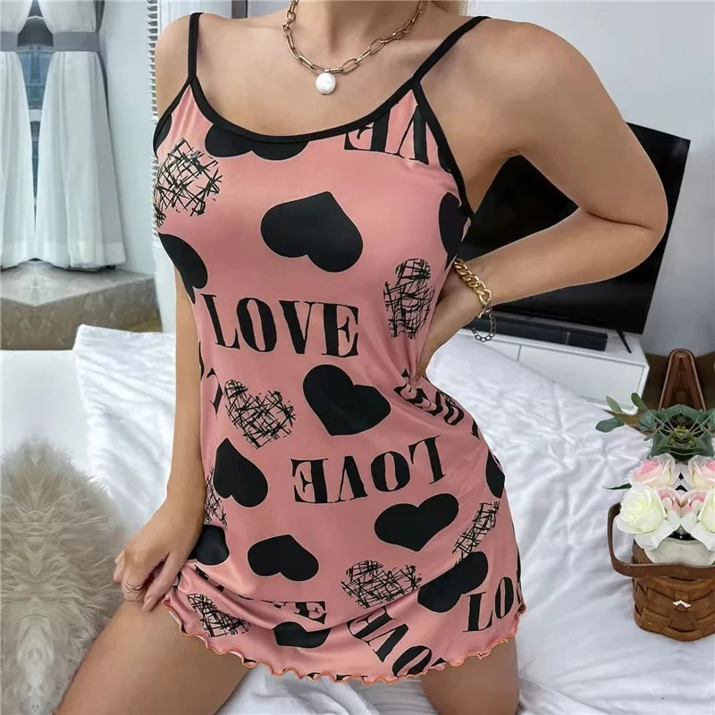 Summer Womens Nightgown Beauty Back Thin Section Of Home Wear Sexy Halter Short Skirt Love Cartoon Cute Printing Pajamas 250529