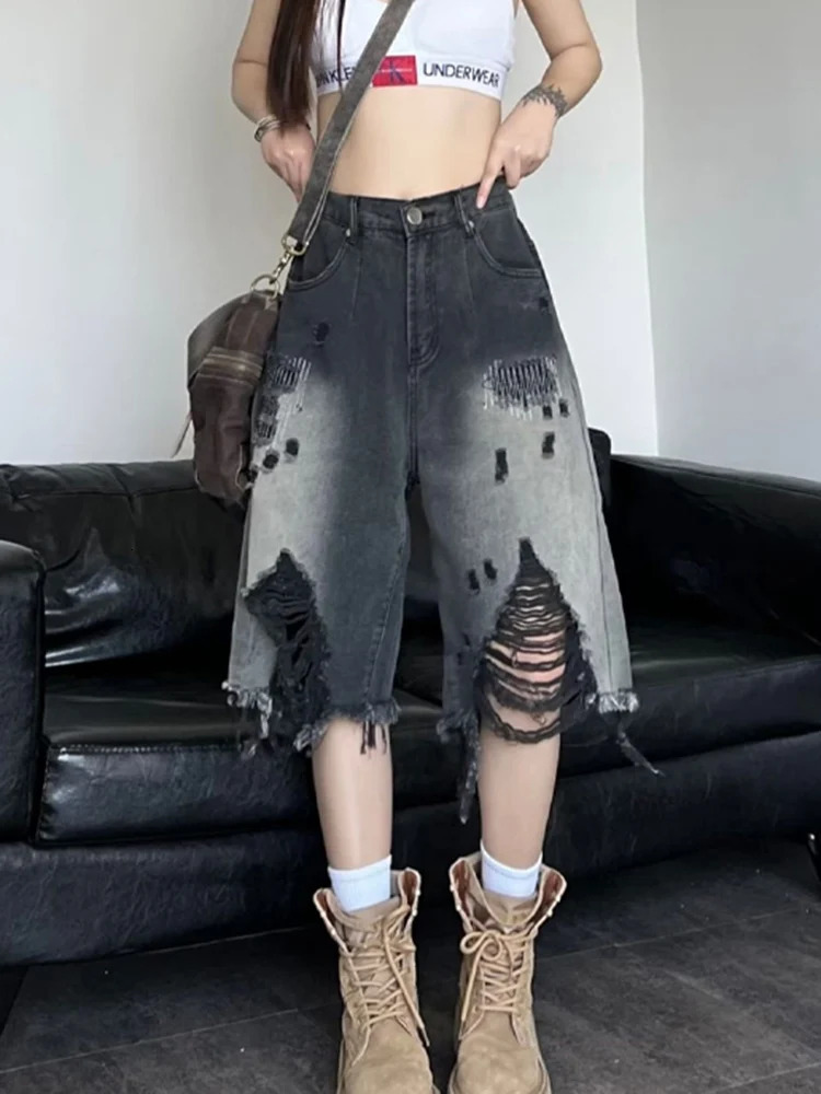 Zoki Harajuku Hole Y2K Denim Shorts Women Streetwear Vintage Gradient Jeans Shorts American Retro Bf Hip Hop Shorts 250529