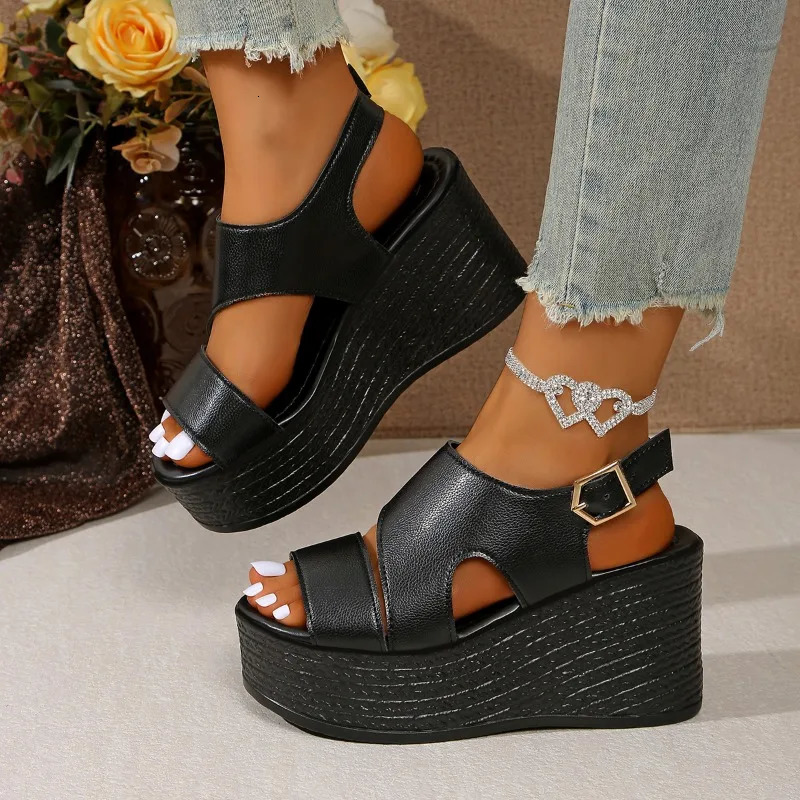 Open-toe slope sandals leather strap Roman shoes 2025 summer fashion lightweight thick sole non-slip high heels womens shoes 250605