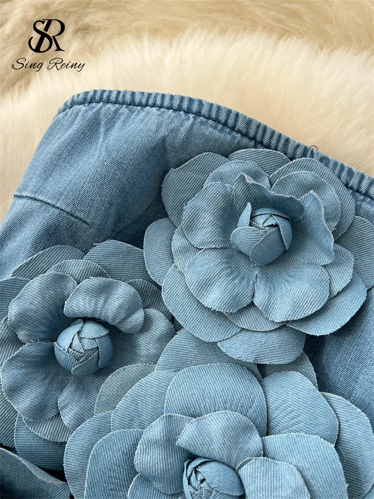 SINGREINY Fashion Denim Long Jumpsuits Zipper 3D Floral Chic Rompers Korean Trend Ins Solid Streetwear Women Playsuits 250603