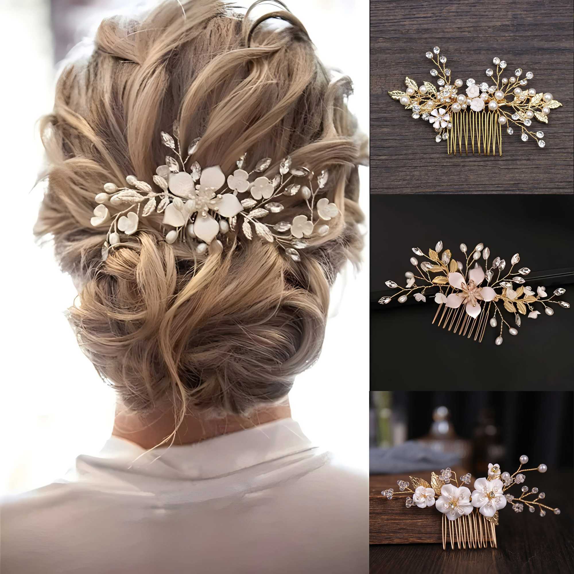 Bridal Wedding Pearl Flower Hairpin Side Comb Golden Shaped Alloy Tiaras Insert Jewelry Comb Hair Jewelry Bride Headwear Z250605