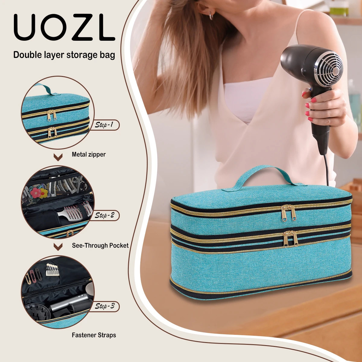 Doublelayer largecapacity expandable storage bag can accommodate hair dryersstyling toolscombs and other care products 250605