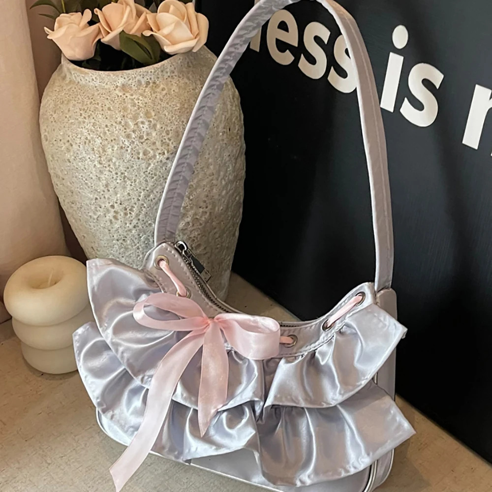 Womens Ruffles Lace-Up Soft Underarm Bag Spring Summer Sweet Solid Color Zipper One Shoulder Bags Party Club Handbags 250605