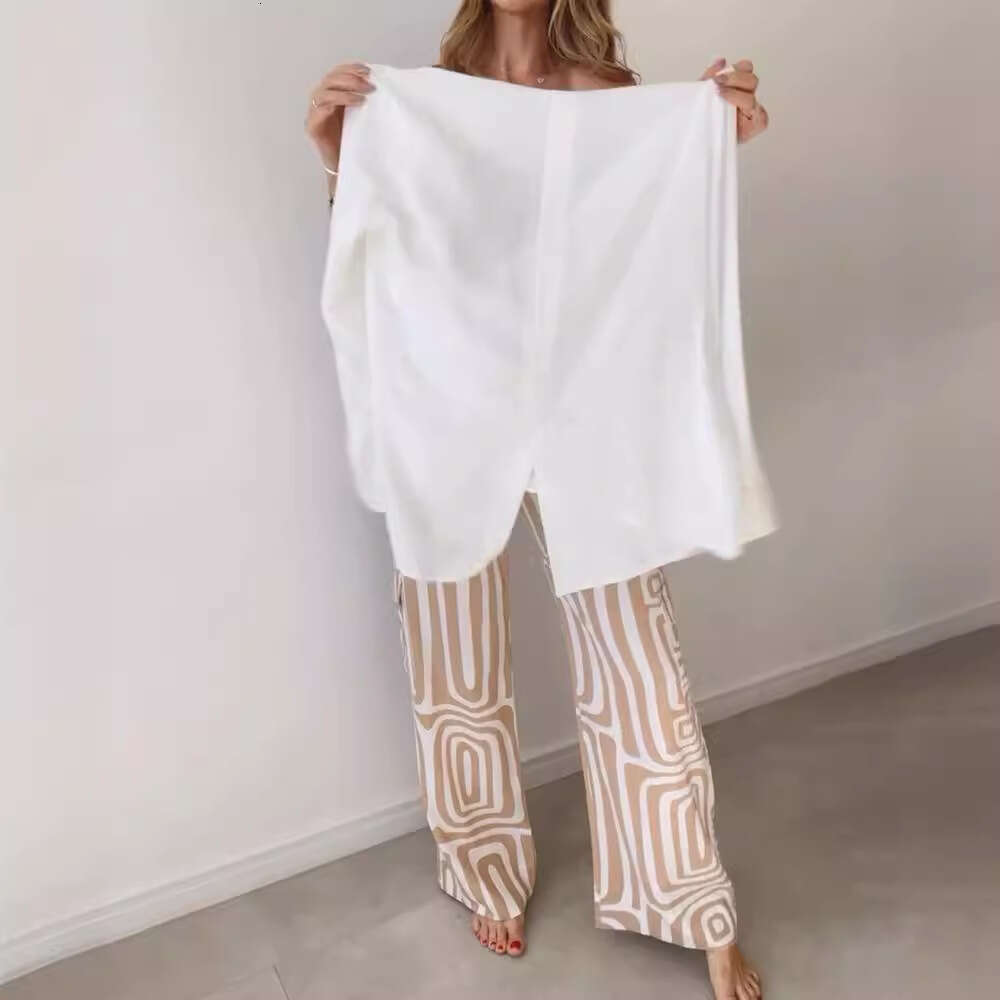 Casual Outfit Women's Digital Print Commuter Shirt Loose Fit Long Pants Two-Piece Set B5