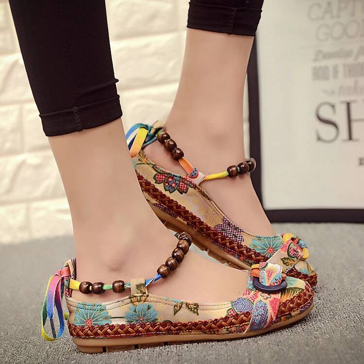 Ddmyoutdoor Plus Size Casual Flat Women Flats Handmade Beaded Ankle Straps Loafers Zapatos Mujer Retro Ethnic Embroidered Shoes Outdoor Shoes
