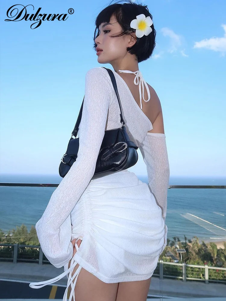 Dulzura Solid Skew Collar Ruched Straps LaceUp See Through Draw String Mini Dress 2023 Summer Women Party Clubwear Wholesale 250526