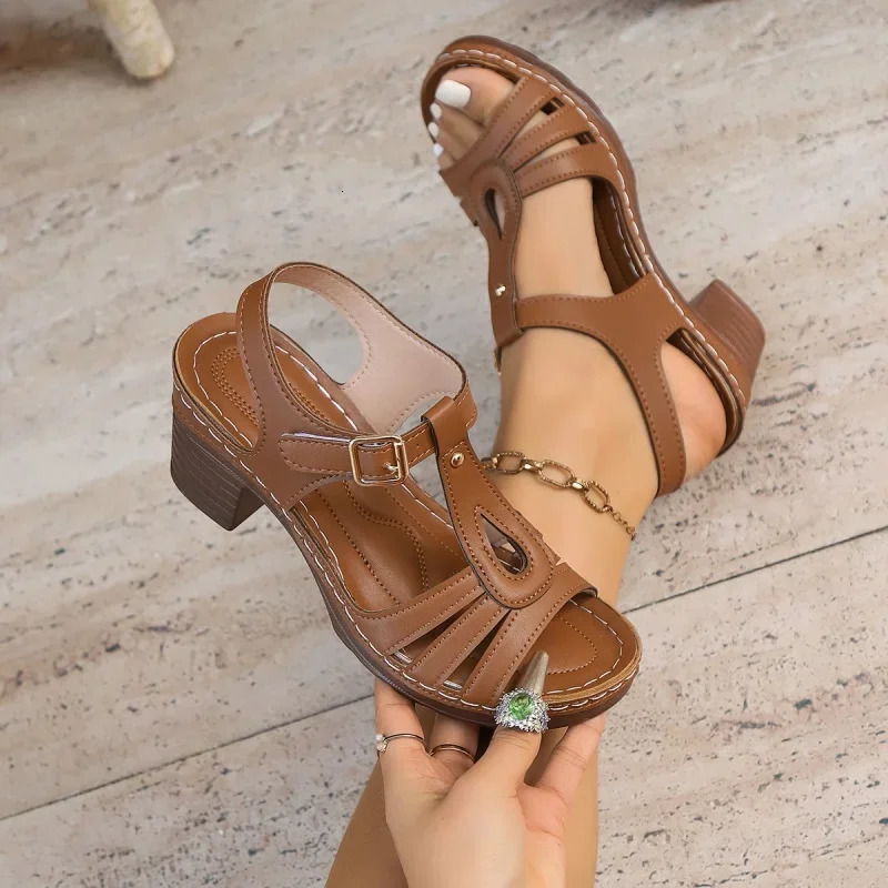 Thick Heel Fish Mouth One-button Open-toe High Heel Sandals 2025 Summer Fashionable Sexy Casual Sandals for Women 250605