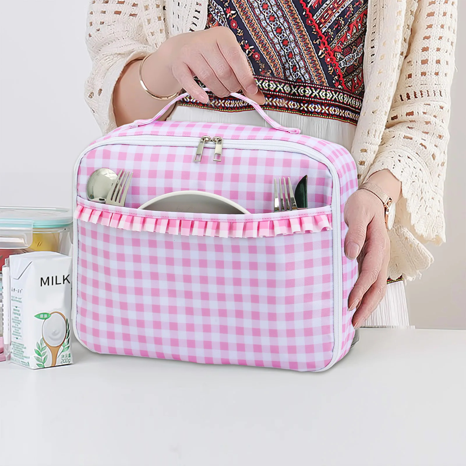 Lunch Bag Ruffle Plaid Insulated Cooler Box Kid Child School Thermal Food Tote Women Waterproof Leakproof Portable Reusable 250530