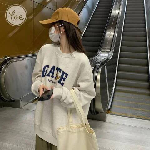 Retro American Round Neck Sweatshirt Women Spring Autumn Loose Oversize Lazy Style Hoodless Pullover Cotton Summer Thin