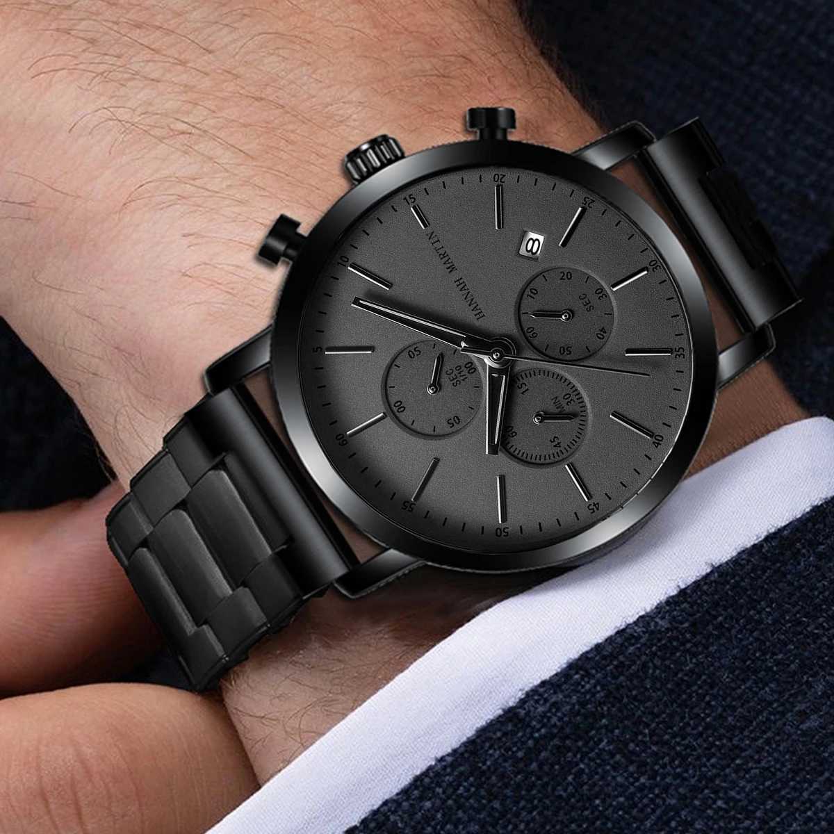 Hannah Martin Multifunctional Sports Mens Watch Black Dial Stainless Steel Waterproof Calendar Quartz Mens Clock Watches Y250605