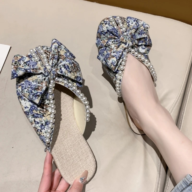 Summer Fashion Comfortable Pearl Bow Round Head Flat Sandals Bag Toe Versatile Large Size Simple Fashion Slippers for Women 250603