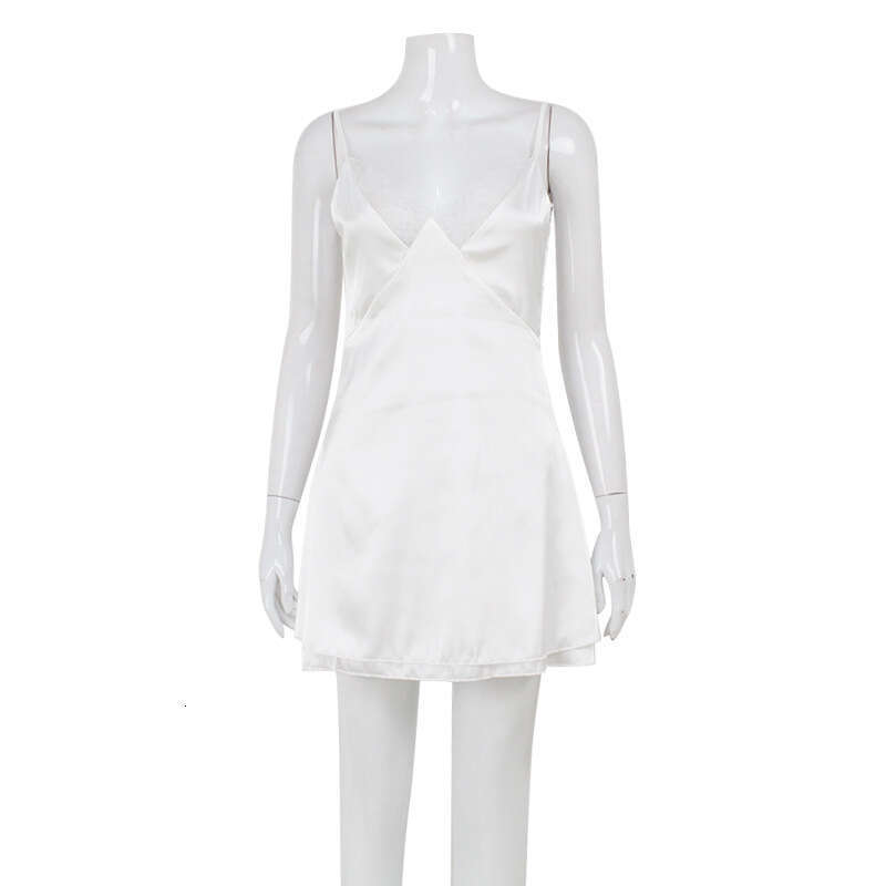 Women's Summer New Fashion Elegant V-Neck Satin Sexy Lace Patchwork Spicy Dress Trend B5