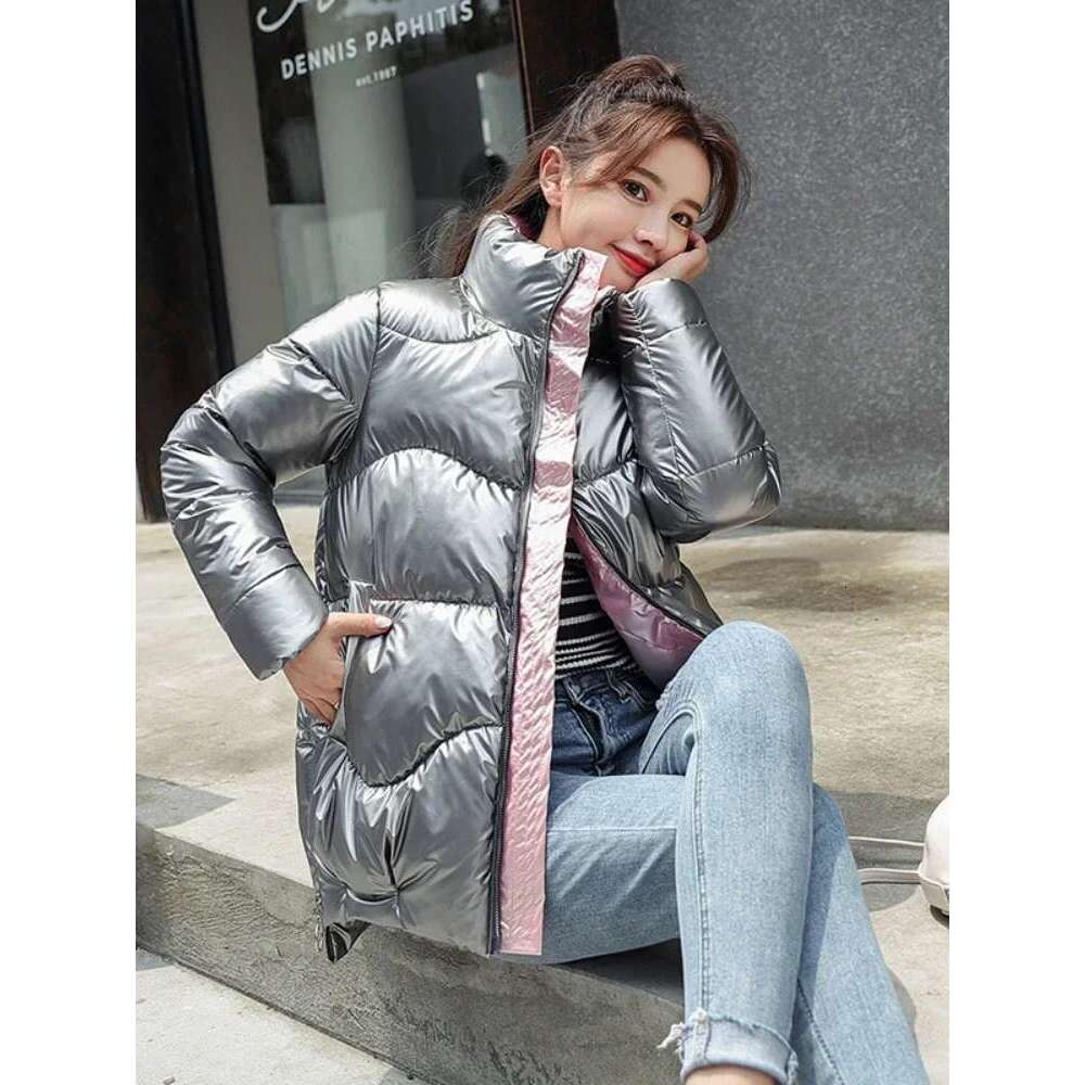 Light-reflecting Jacket Women Winter Warm Bread Parka Short Padded Casual Thick Stand-callor Oversized Cotton Coat Femme Parkas
