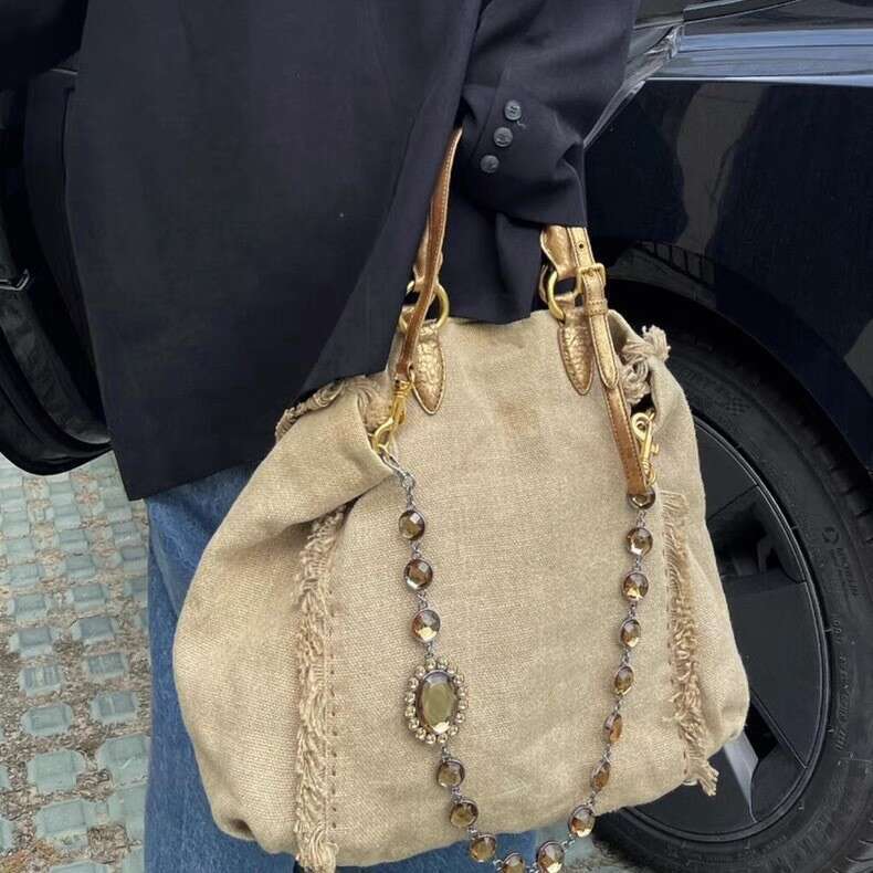 New Trendy Fashion Versatile Linen Tassel Color Block Stylish Design Handbag and Crossbody Bag