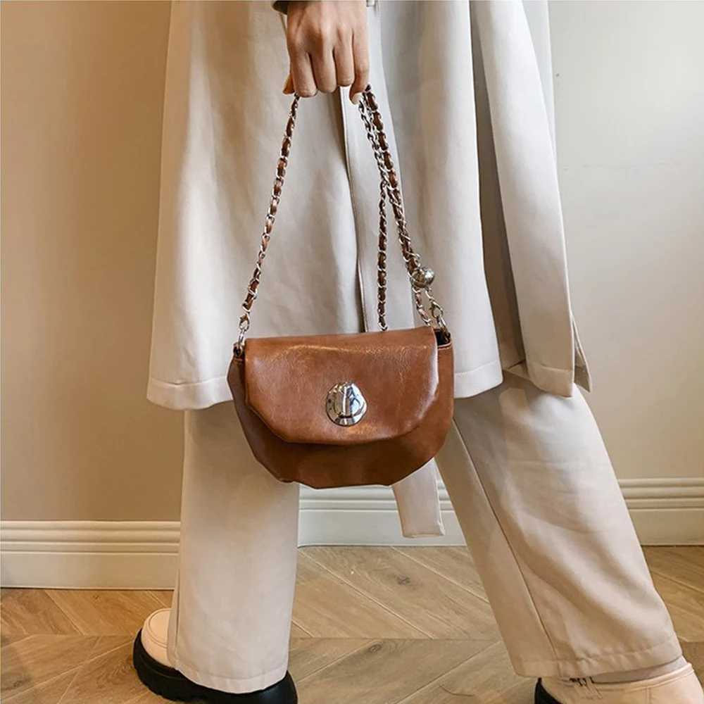 Vintage Women Leather Crossbody Bags Solid Flap Pu Chain Shoulder Bag Female Versatile Commute Messenger Bags Handle Purse M250606