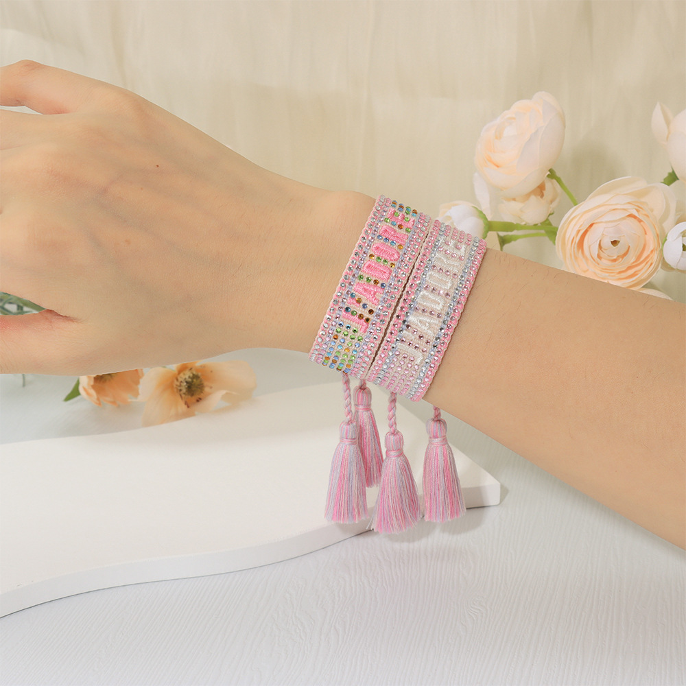 Colorful Diamond Embroidered Braided Bracelet Women Rhinestone Letter Fringe Wristband Jewelry
