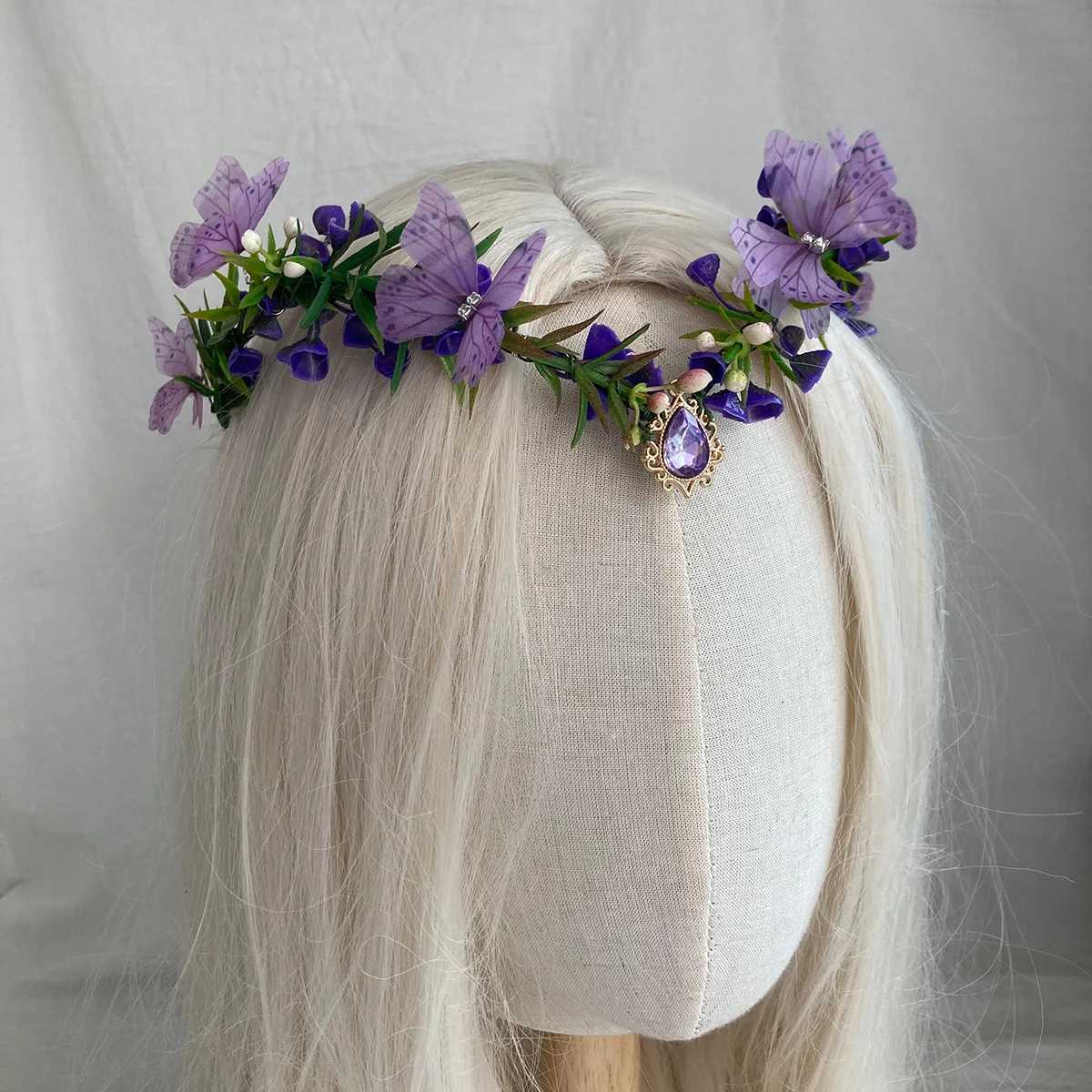 Purple Flower Headpiece - Fairy Floral Crown Woodland Elf Headband Forest Wreath Elven Tiara for Renaissance Cosplay Wedding Z250605