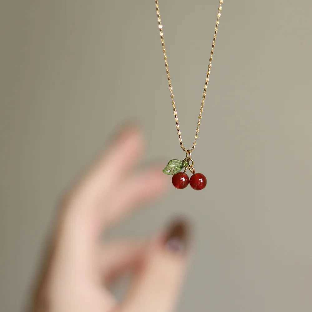 316L Stainless Steel Cherry Necklace Natural Stone Beads Pendant Chain Necklace Womens Fashion Wedding Jewelry Birthday Gift Y250605