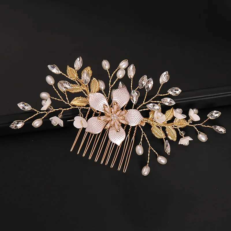 Bridal Wedding Pearl Flower Hairpin Side Comb Golden Shaped Alloy Tiaras Insert Jewelry Comb Hair Jewelry Bride Headwear Z250605