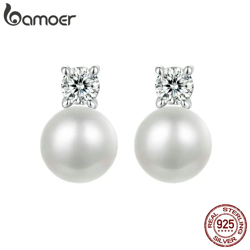 BAMOER Moissanite 925 Sterling Silver Freshwater Pearl Stud Earrings VVS1 Lab Created Diamond Wedding Earrings for Women Gift