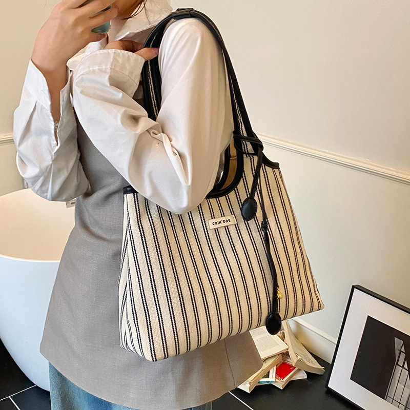 designer Striped Color-Block Tote Bag for Women 2025 New Summer Niche Casual Simple Fashion Handbag Shoulder Underarm Bag