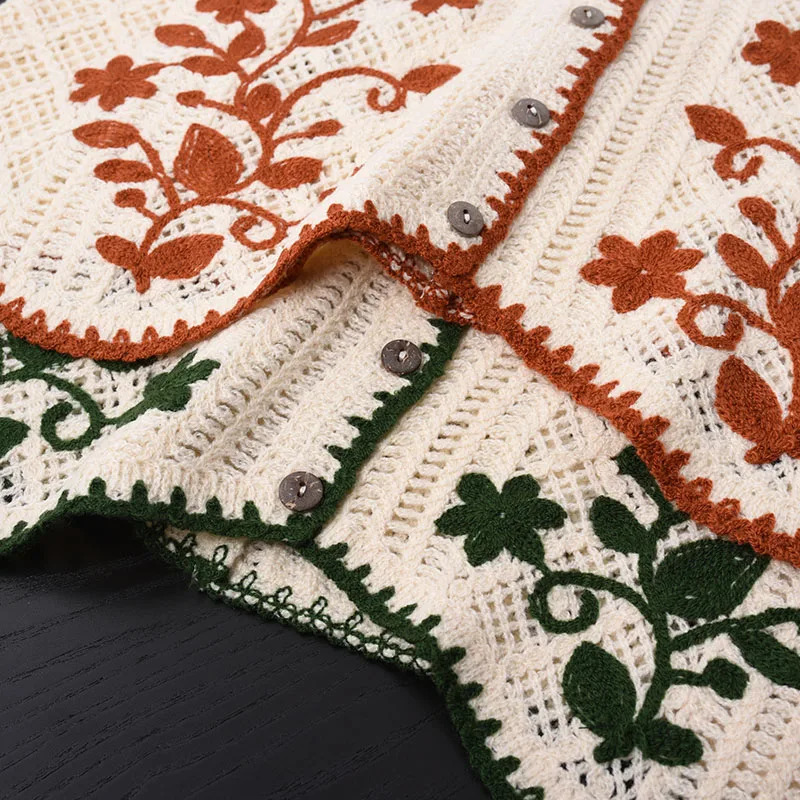 Flower Embroidery Crochet Waistcoat Top Sleeveless Button Front Vest Cardigan Women Spring Summer Vintage Fairycore Cottagecore 250530