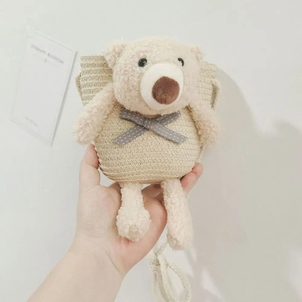 Cute Bear Girls Shoulder Bags Colorful Straw Childrens Messenger Bag Princess Mini Bow Handbag Crossbody Child Girl Coin Purse 250605