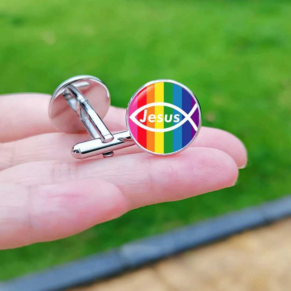 Jesus Cross Cufflinks for Men God Bless Glass Cabochon Shirt Cuff Links Buttons Christian Gifts W250606