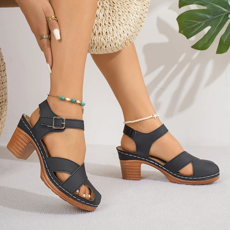 Closed Toe Thick High Heel Sandals Women Summer Ankle Buckle Beach Sandles Woman Plus Size Anti-Slip Platform Sandalias De Mujer 250605
