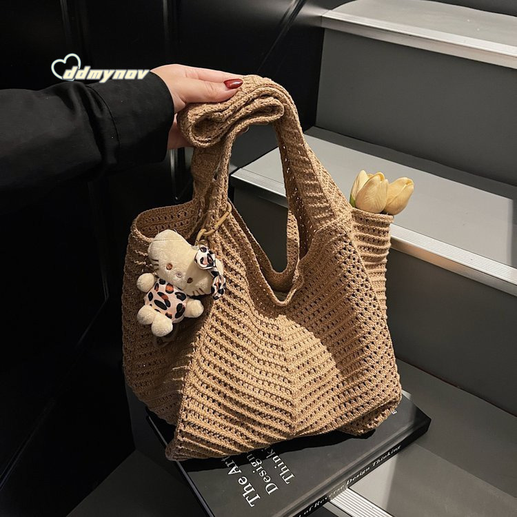 Cotton Thread Woven for Women 2025 New Knitted Hollow Shoulder Tote Lazy Style Beach Vacation Bag ddmynov