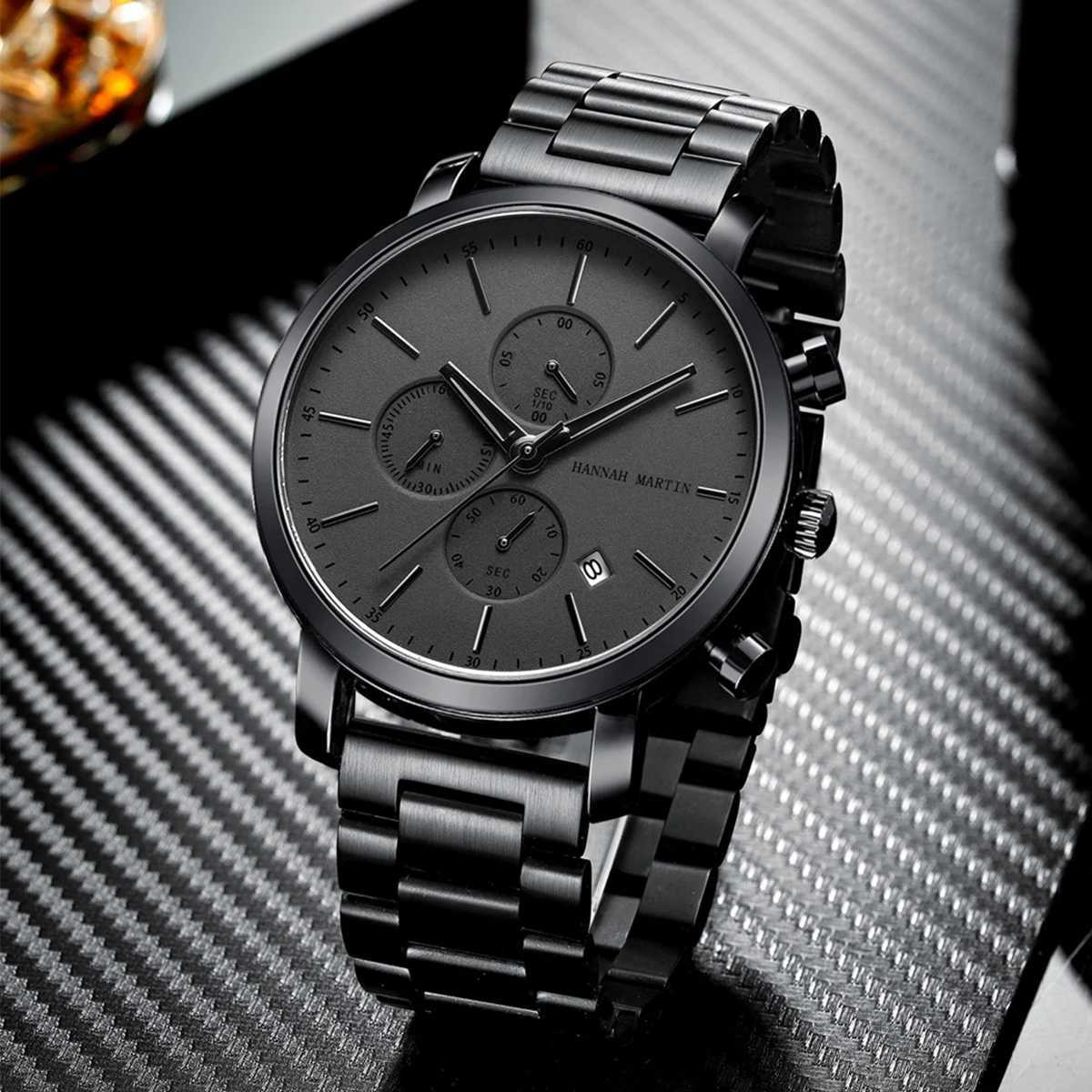 Hannah Martin Multifunctional Sports Mens Watch Black Dial Stainless Steel Waterproof Calendar Quartz Mens Clock Watches Y250605