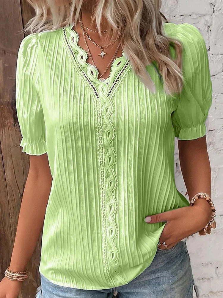 Womens Summer Top Solid Sexy V-Neck Hollow Short Sleeve Shirt Fashion Splice Plus Size Blouse Loose Street Apparel 250605
