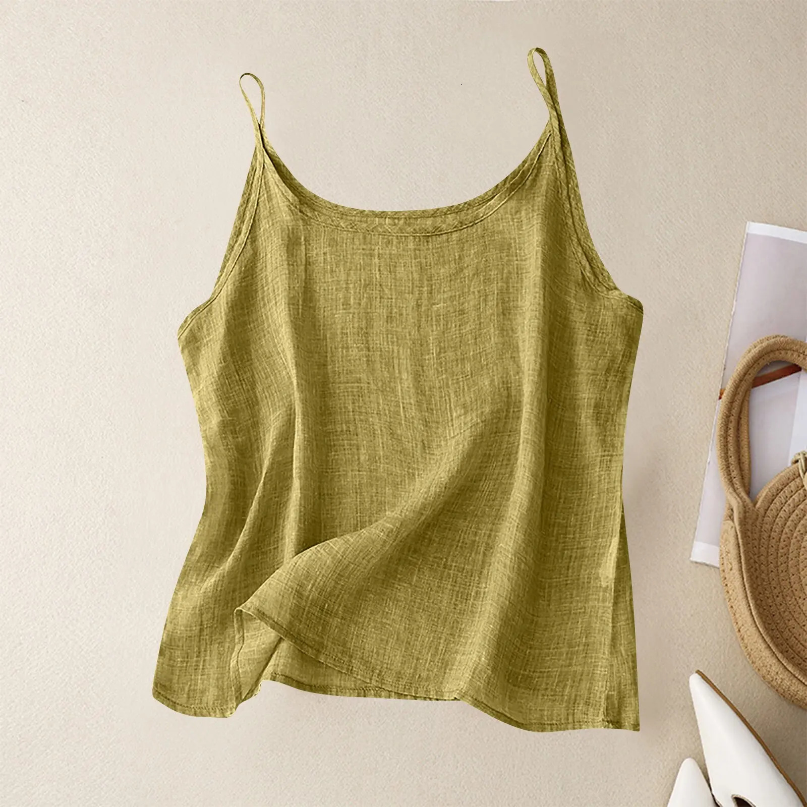 Vintage cotton and linen small camisole female summer thin bottoming vest loose thin cotton linen inner tops 250605